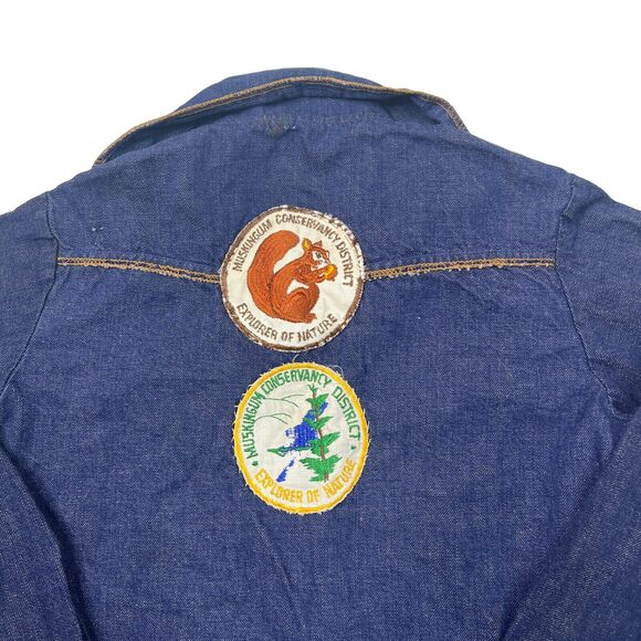 Vintage 70s Big Spread Collar Snap Front Denim Jacket Nature Patch FLAW Youth 7 - Picture 4 of 9